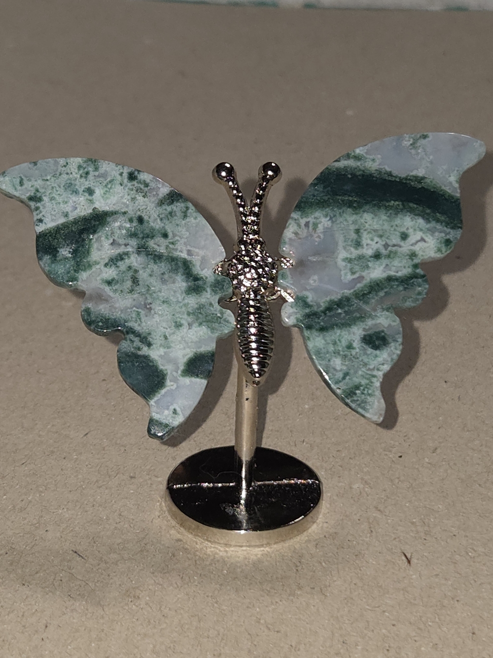 Moss Agate Crystal Butterfly Wings On Metal Body Stand Decor